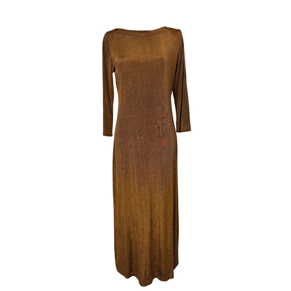 Coldwater Creek XS Bronze Metallic Shimmer Maxi Dress 3/4 Sleeve 90's Slinky